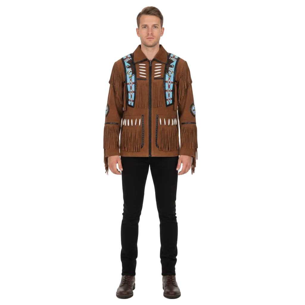 Man wearing a brown fringed jacket with decorative elements on a white background