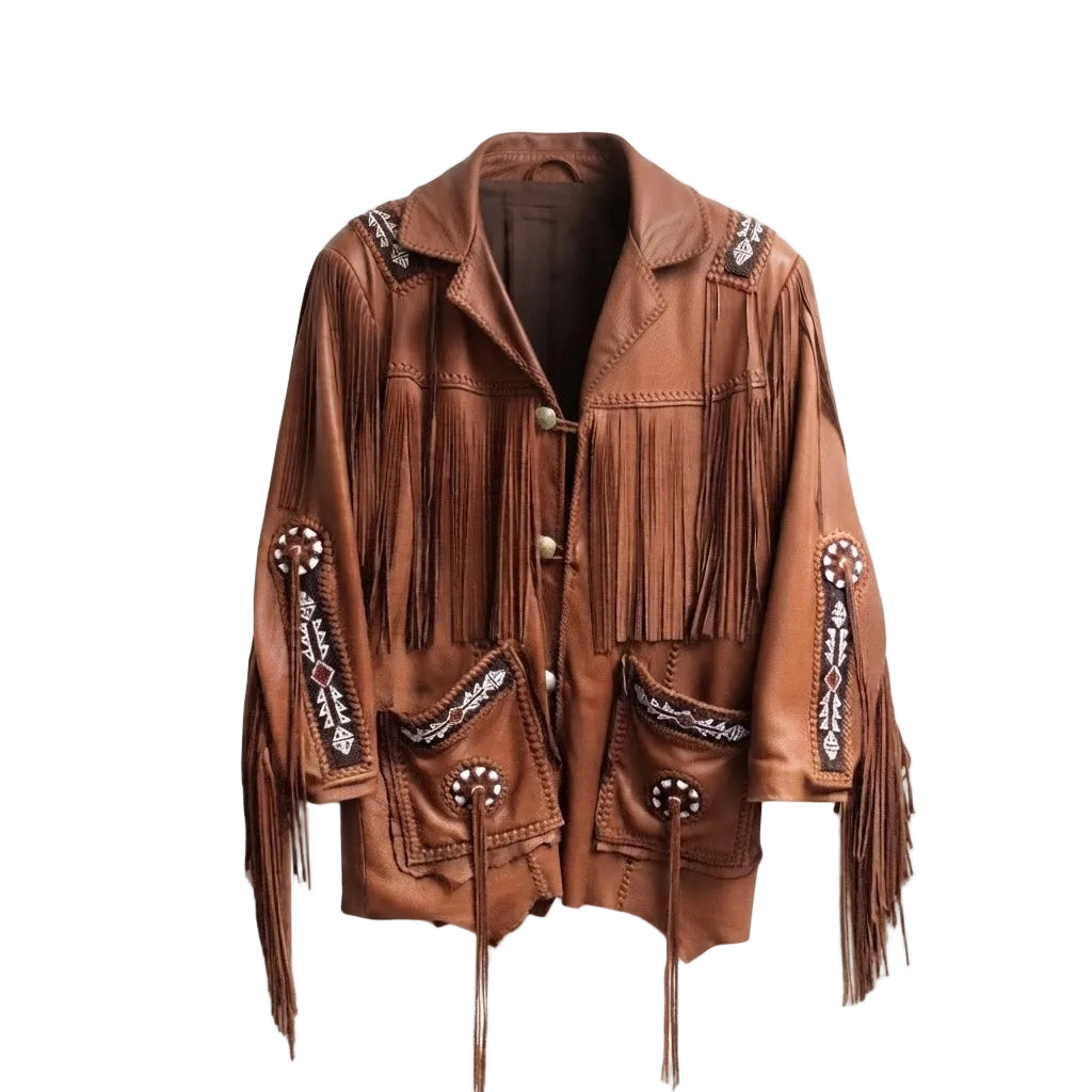 A brown faux-leather fringe jacket with western-style embellishments, including silver and white beadwork on the pockets and sleeves, and decorative studs, shown against a plain white background.