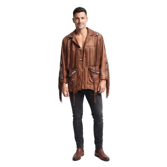 A man modeling a brown leather fringe jacket with western-style embroidery and pockets, paired with dark jeans and brown boots, against a plain white studio background.