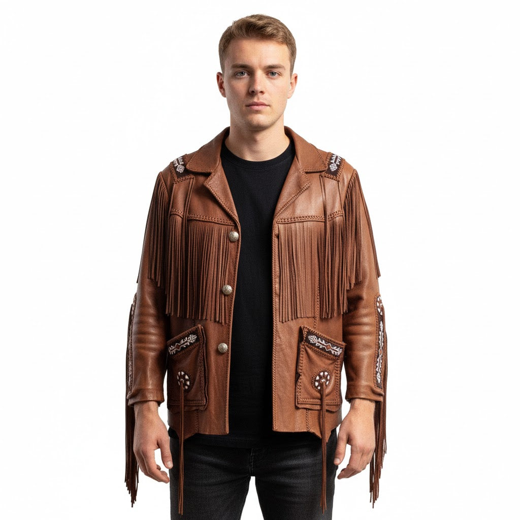 Man wearing a brown leather jacket with fringe details on a white background