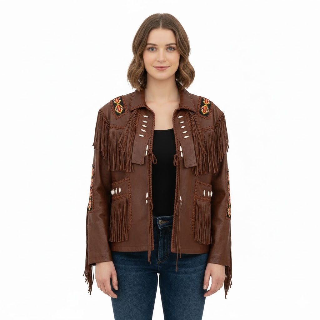 Women’s Western Beige Fringe Leather Jacket WFJ706