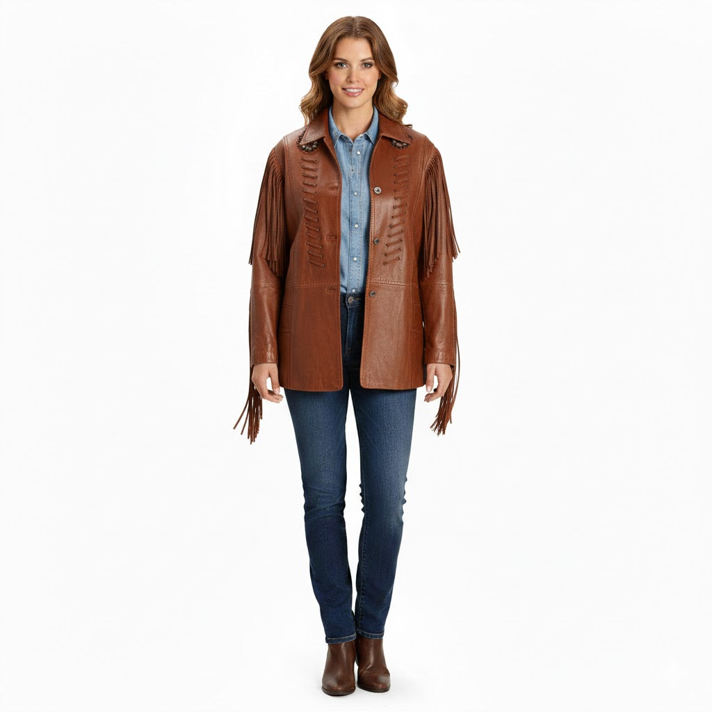 Women’s Western Beige Fringe Leather Jacket WFJ704