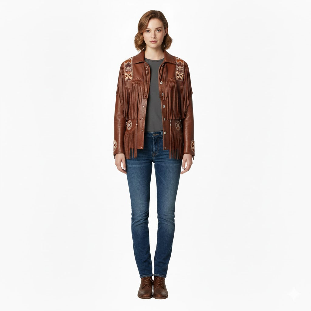 Women’s Western Beige Fringe Leather Jacket WFJ705