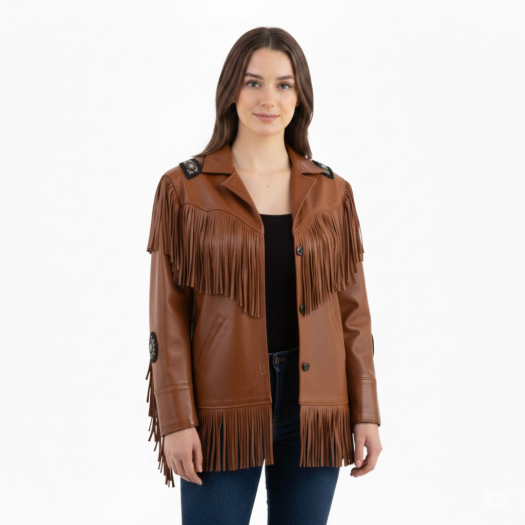 Woman wearing a brown leather jacket with fringe on a white background