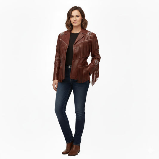 Woman wearing a brown fringed leather jacket on a white background