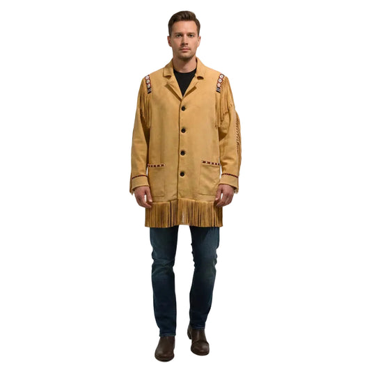 Man wearing a Brown fringed leather jacket on a white background