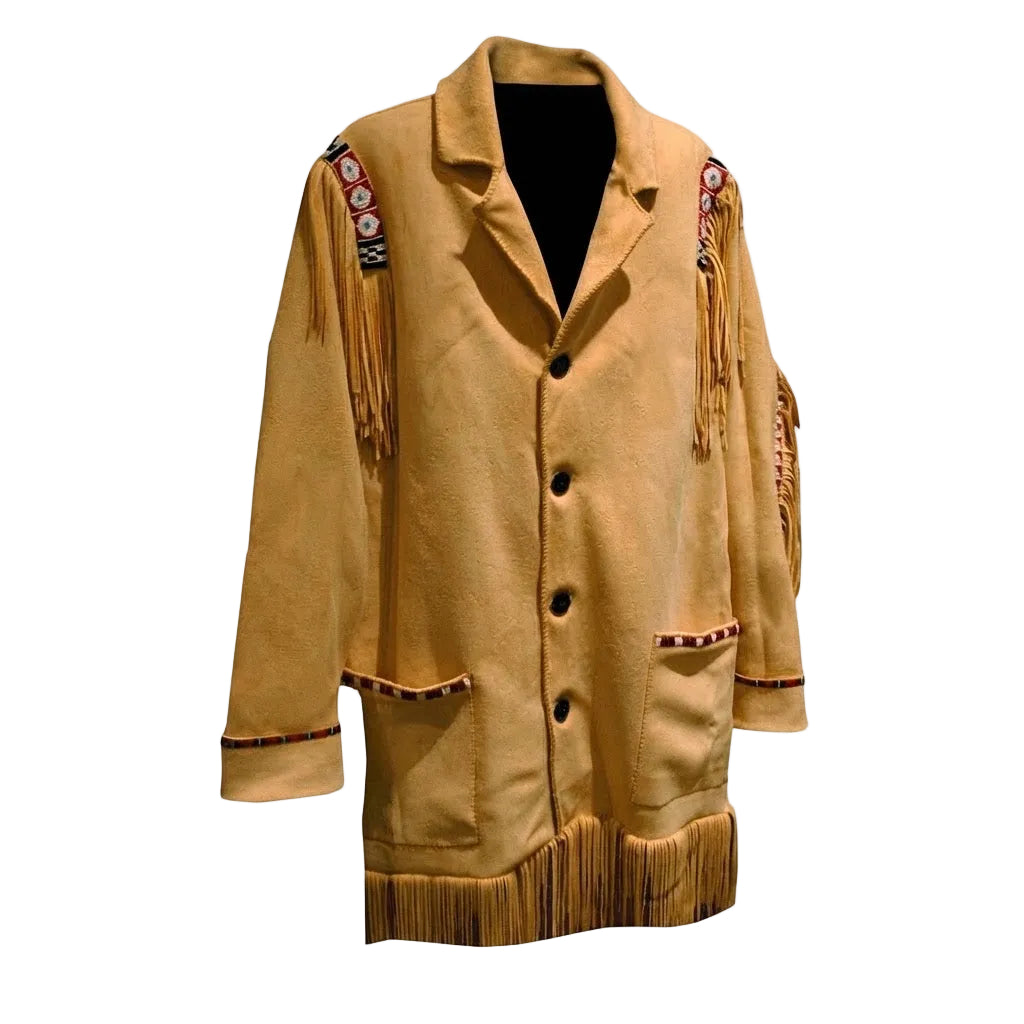 A brown suede fringed jacket with Native American style bead work on the shoulders, displayed on a black mannequin torso against a white background.