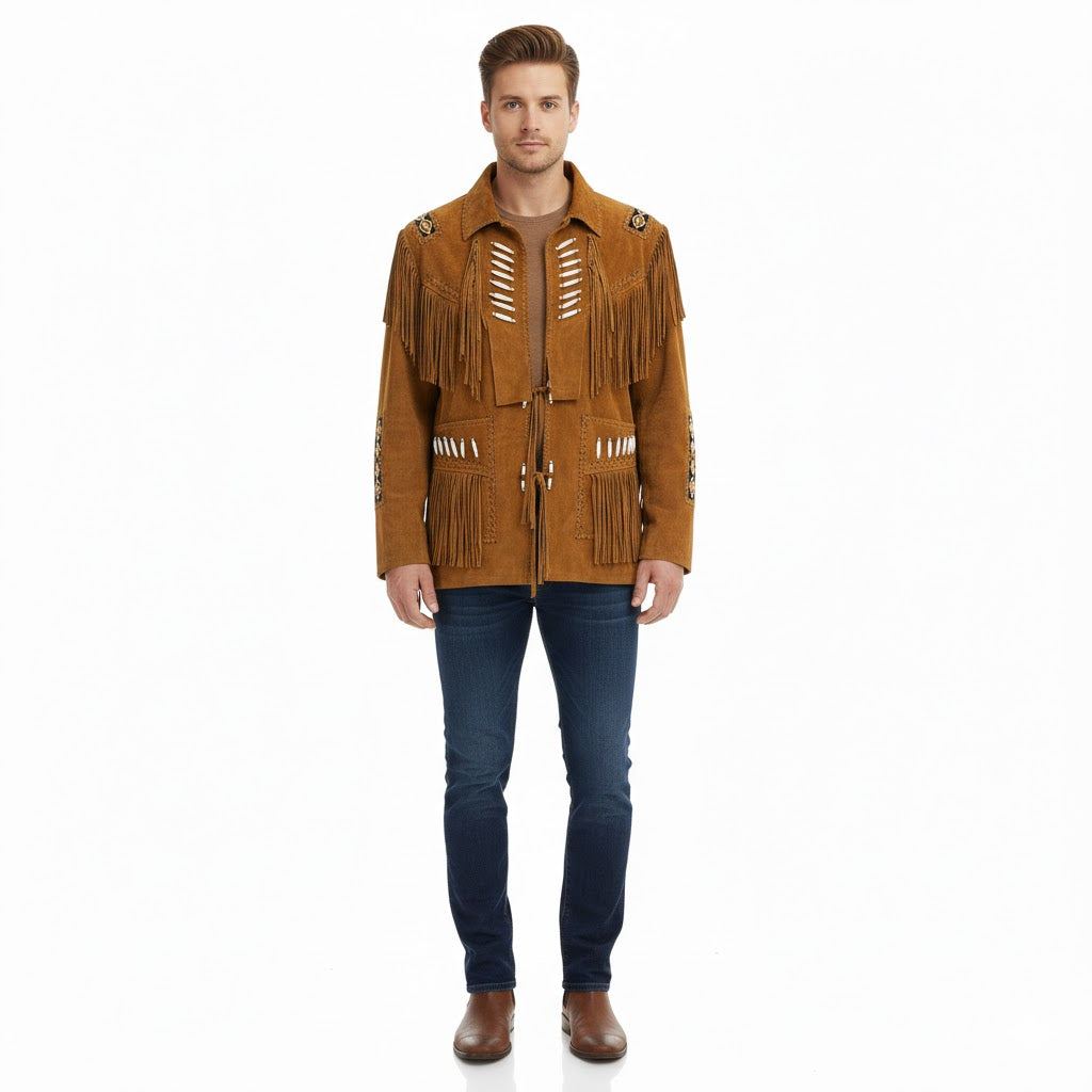 Man wearing a brown fringed jacket and blue jeans on a white background