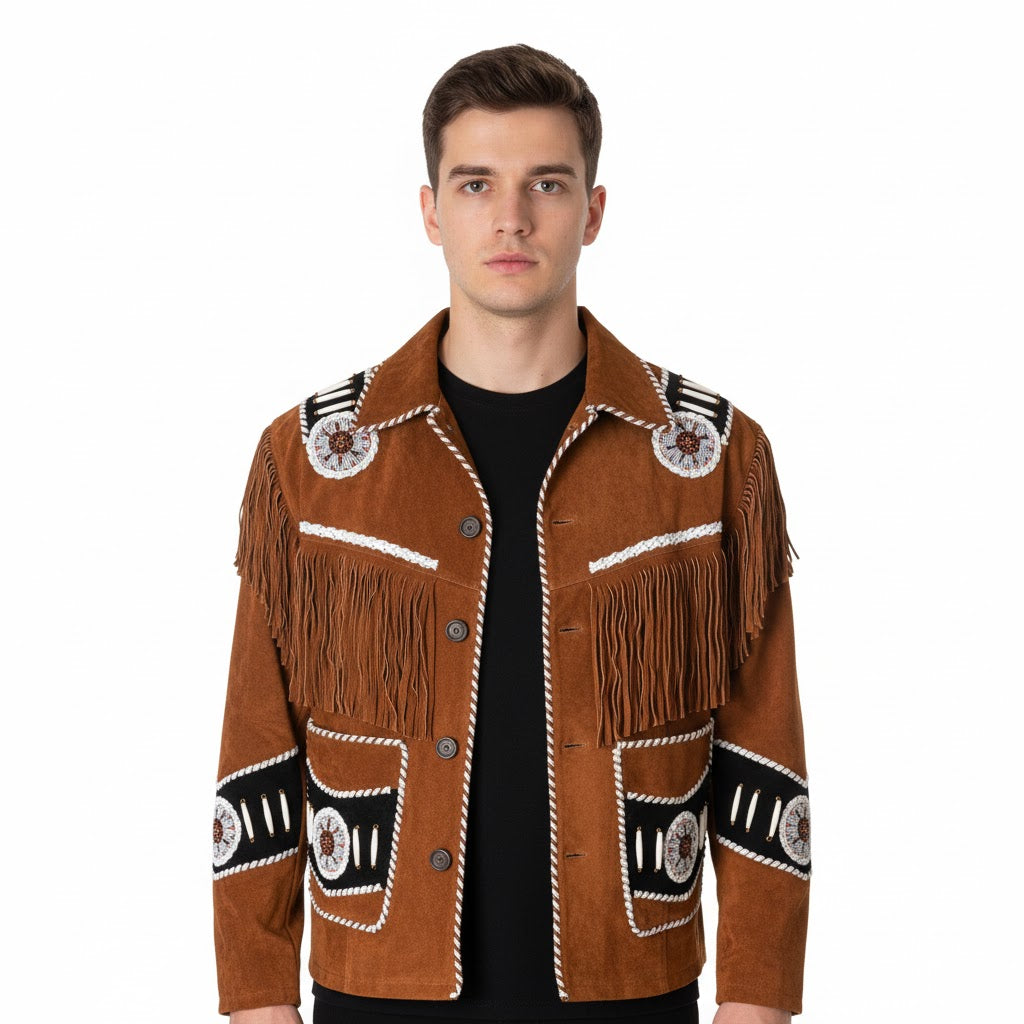 Western Brown Suede Leather Fringe Beaded Jacket Cowboy Jacket LWJ1640