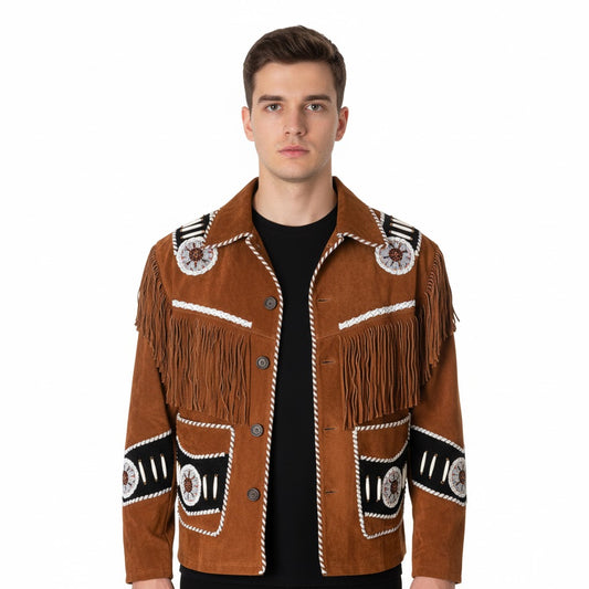 Western Brown Suede Leather Fringe Beaded Jacket Cowboy Jacket LWJ1640
