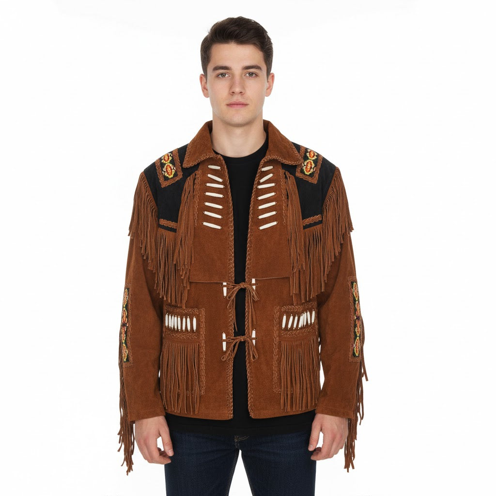 Man wearing a brown fringed jacket on a white background