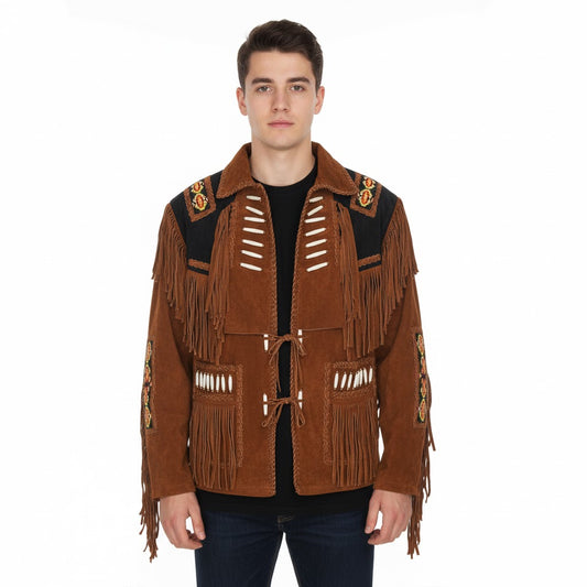 Man wearing a brown fringed jacket on a white background
