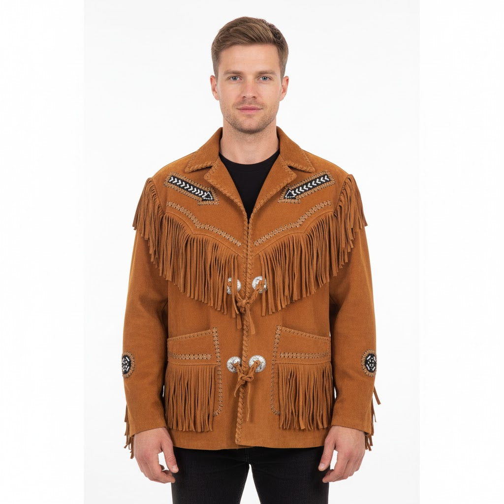 Man wearing a brown fringed jacket with decorative patterns on a white background