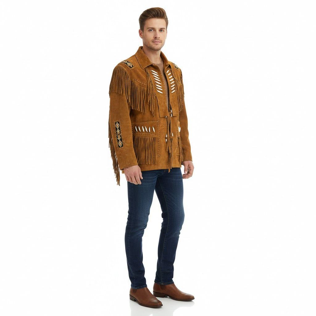 Man wearing a brown fringed jacket on a white background