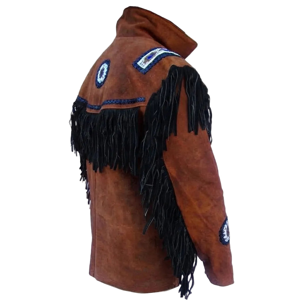 A brown suede fringe jacket shown from the back, featuring long black fringes across the shoulders and upper back, blue trim details, and circular embroidered patches.