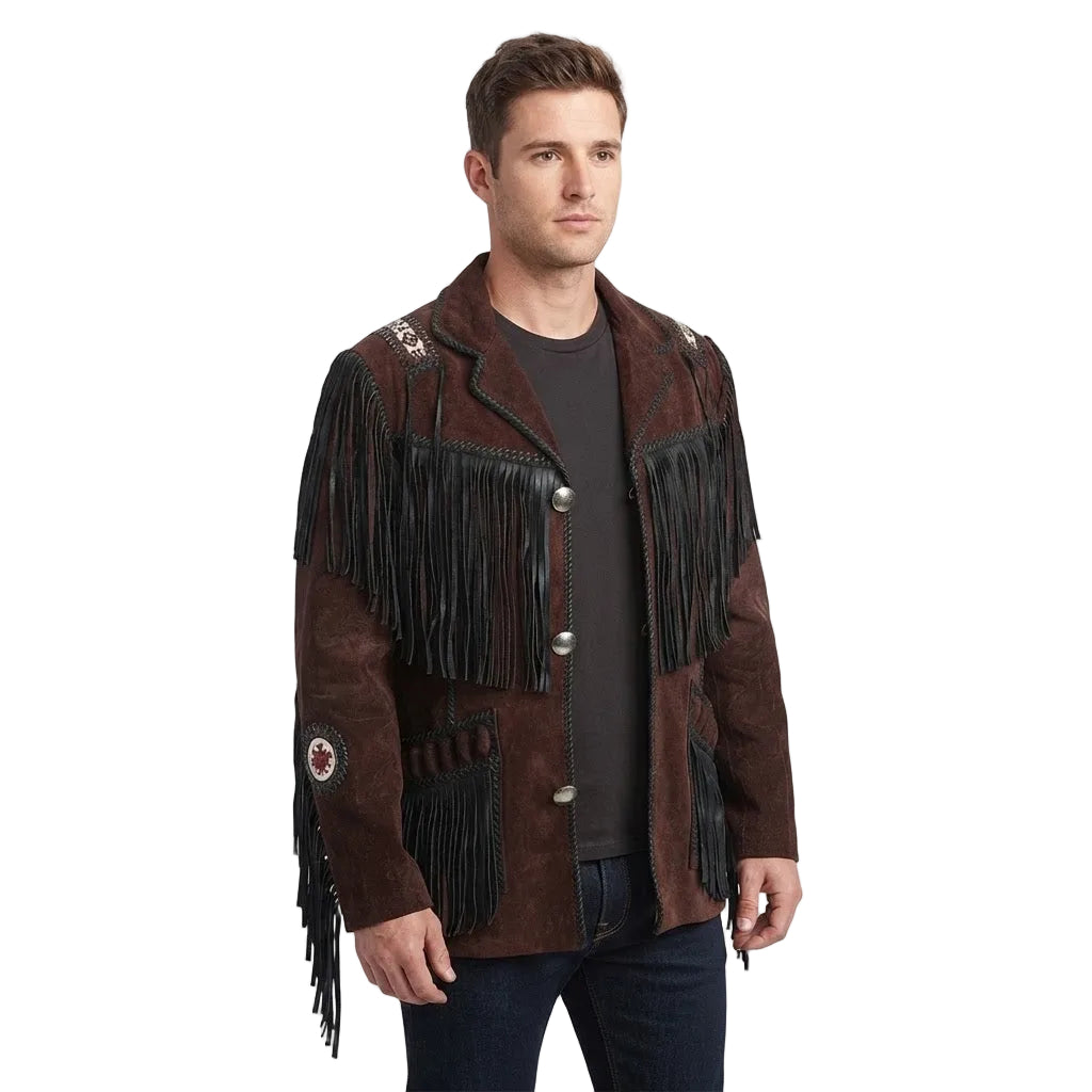 A man wearing a brown suede fringe jacket over a dark gray t-shirt and blue jeans, photographed against a solid white background.