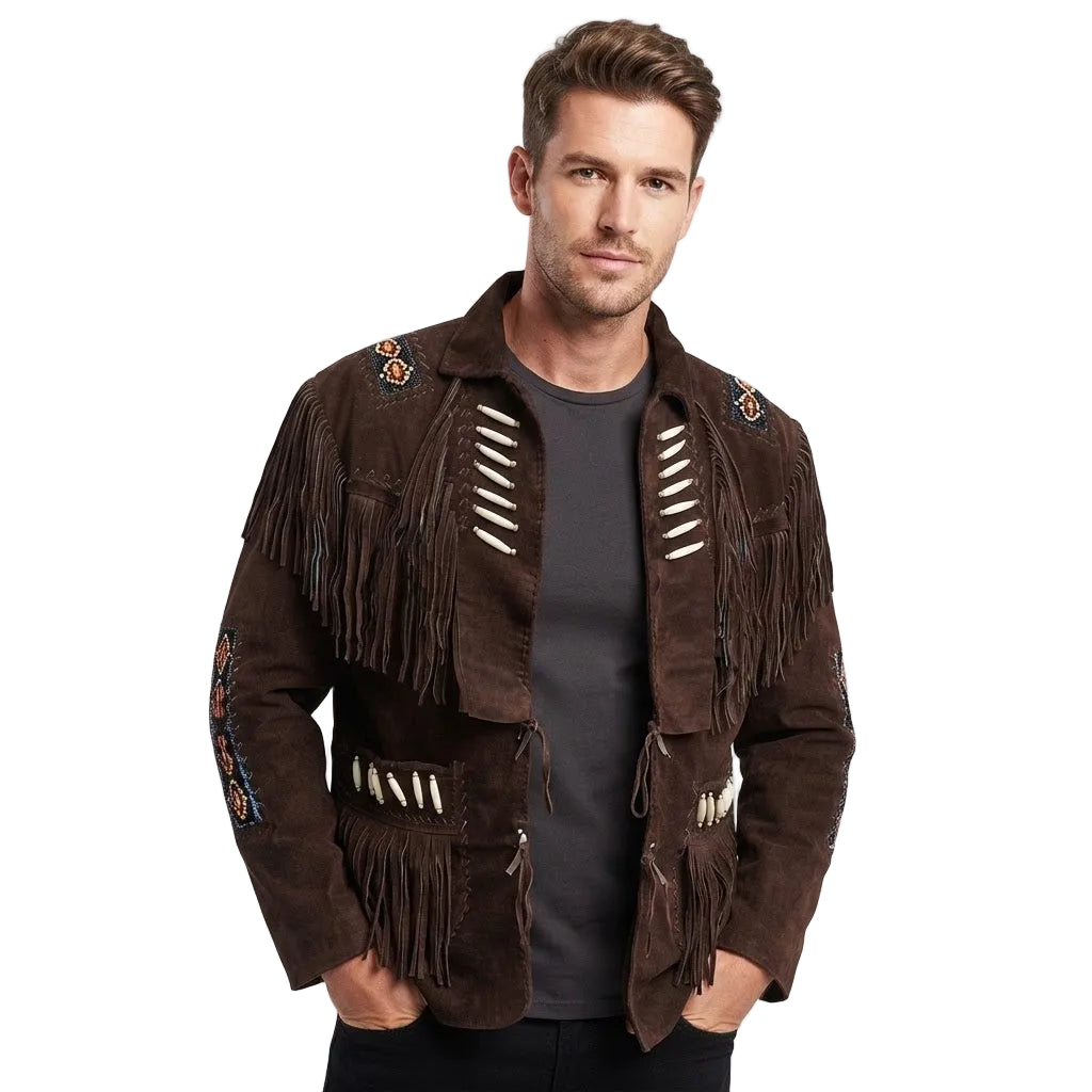 A man wearing a dark brown suede fringe jacket with embroidered details and white decorative accents, styled over a dark gray t-shirt and black pants, against a white studio background.