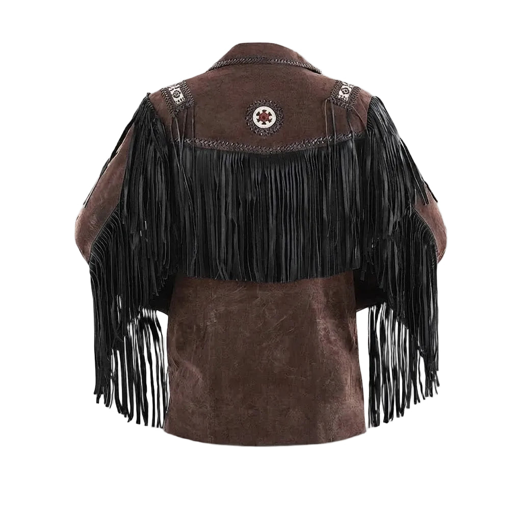 A brown suede fringed jacket shown from the back, featuring black fringe across the shoulders and upper back, silver conchos, and a circular embroidered patch in the center.