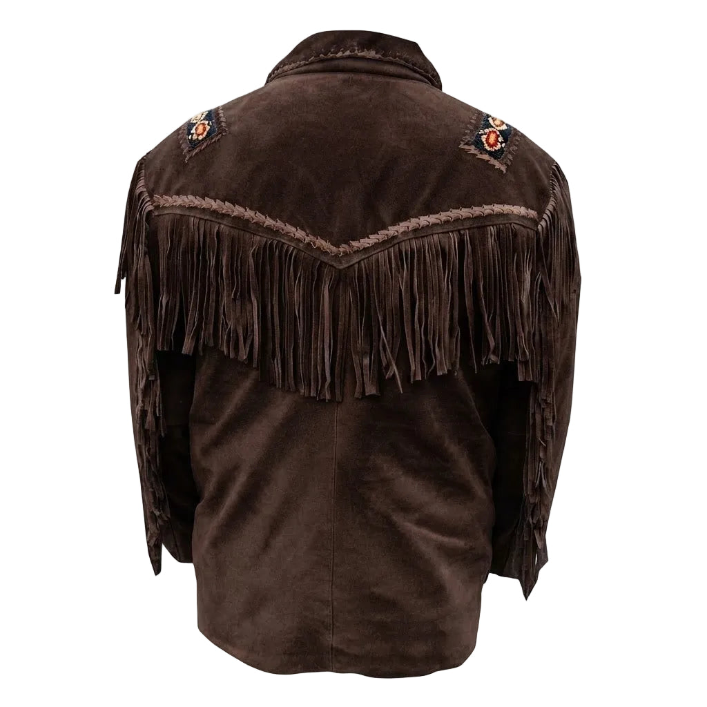 A dark brown suede fringed jacket shown from the back, featuring decorative braided trim and embroidered details on the shoulders, set against a plain white background.