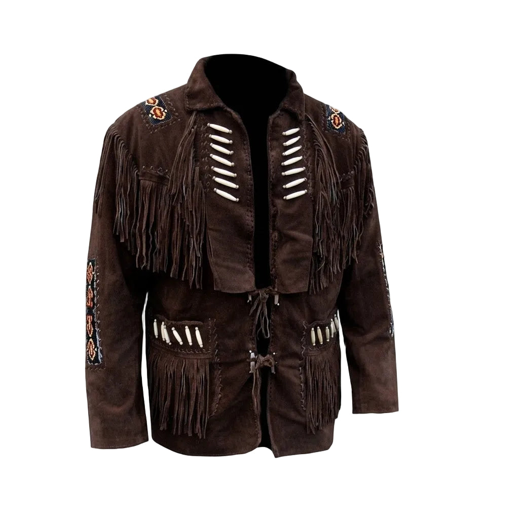 A dark brown suede fringed jacket with embroidered details on the shoulders and sleeves, and white decorative accents on the front, shown against a plain white background.