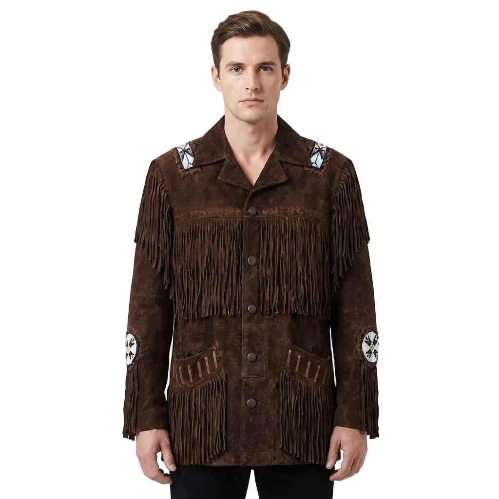A man wearing a dark brown suede fringe jacket with decorative bead work on the shoulders and cuffs, photographed against a plain white studio background.