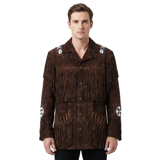A man wearing a dark brown suede fringe jacket with decorative bead work on the shoulders and cuffs, photographed against a plain white studio background.