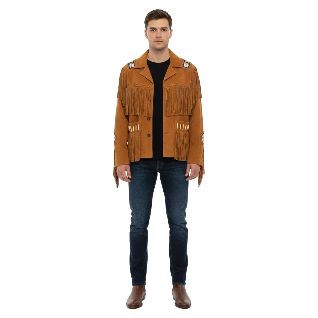 Man wearing a brown suede jacket with fringe details on a white background