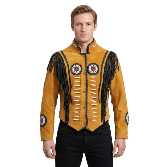 A man wear a brown suede western-style jacket with black fringe, decorative circular chest and sleeve patches, and white snap details, paired with black pants against a plain white background.
