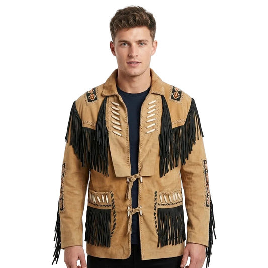 A man wearing a brown suede fringe jacket with decorative bead work and embroidered details, photographed against a plain white studio background.