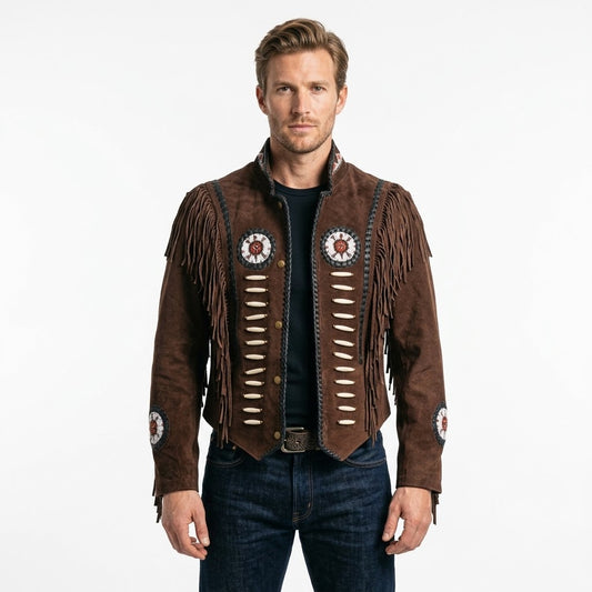 Western Brown Suede Leather Fringe Beaded Jacket Cowboy Jacket LWJ2090