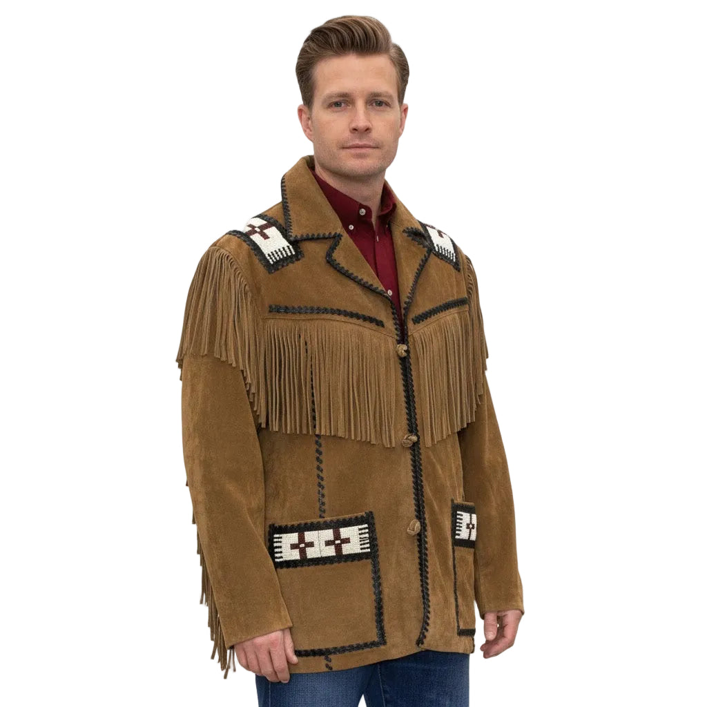 A brown suede leather jacket with fringes and bead work against a white background