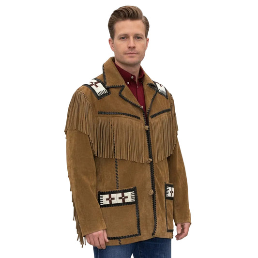 A brown suede leather jacket with fringes and bead work against a white background