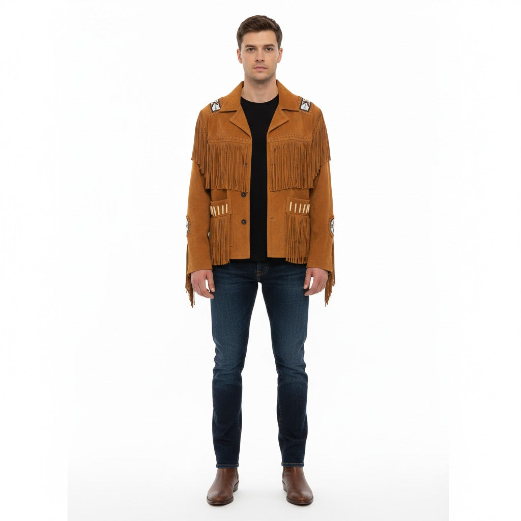 Man wearing a brown suede jacket with fringe details on a white background