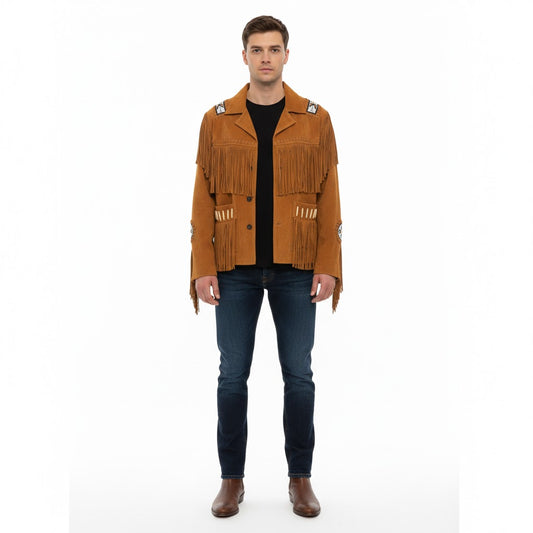 Man wearing a brown suede jacket with fringe details on a white background