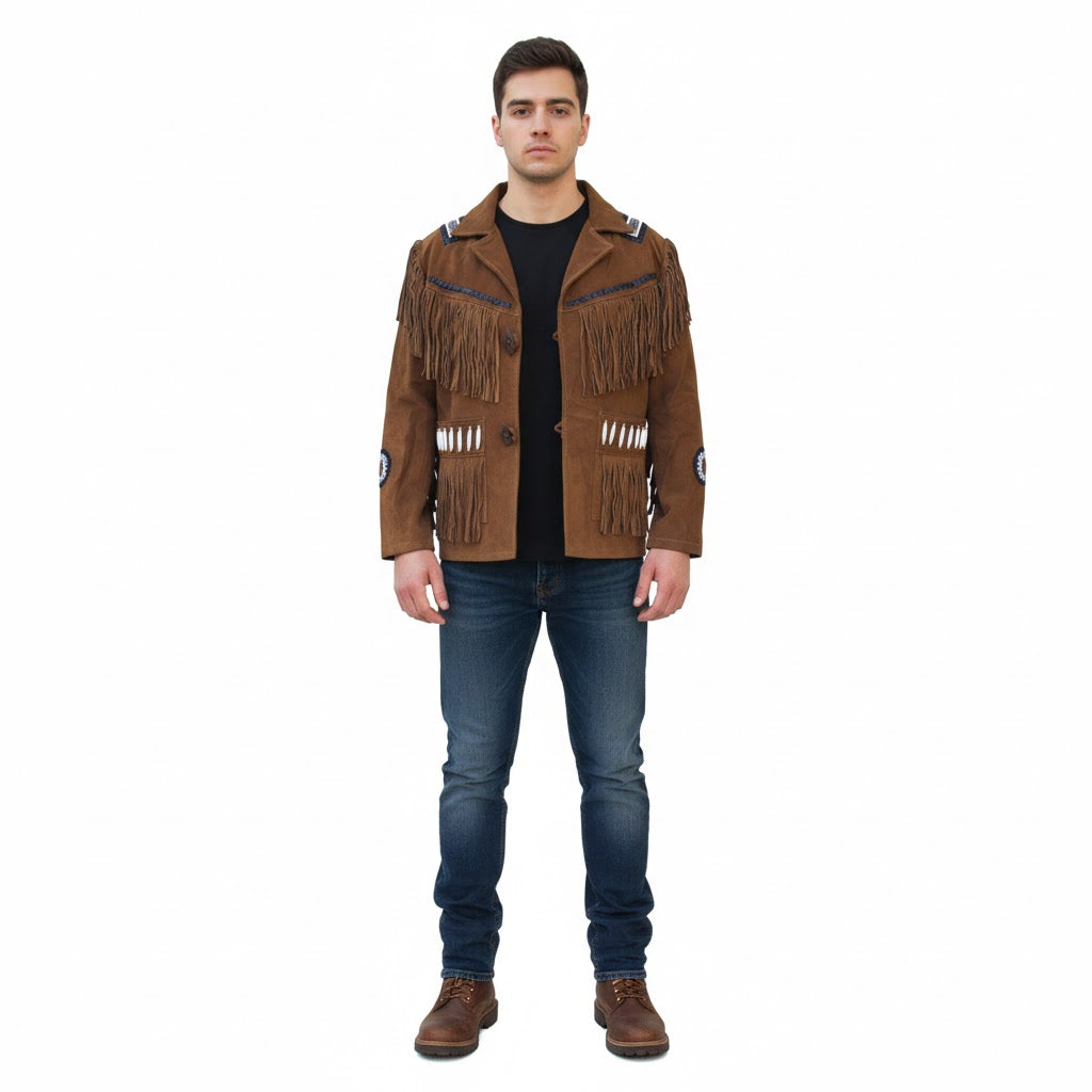Man wearing a brown fringed jacket on a white background