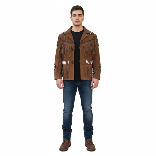 Man wearing a brown fringed jacket on a white background