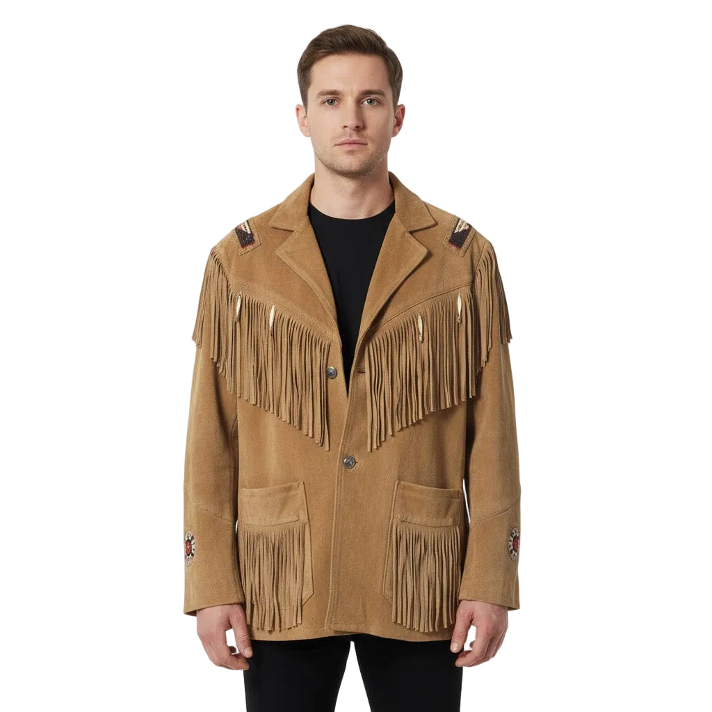 Man wearing a Brown suede jacket with fringe details on a white background