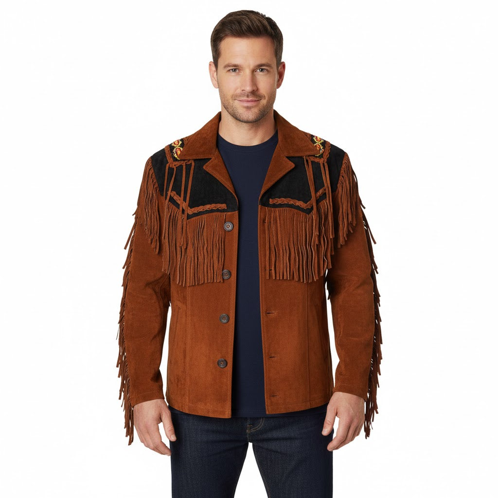 Western Brown Suede Leather Fringe Beaded Jacket Cowboy Jacket LWJ1480