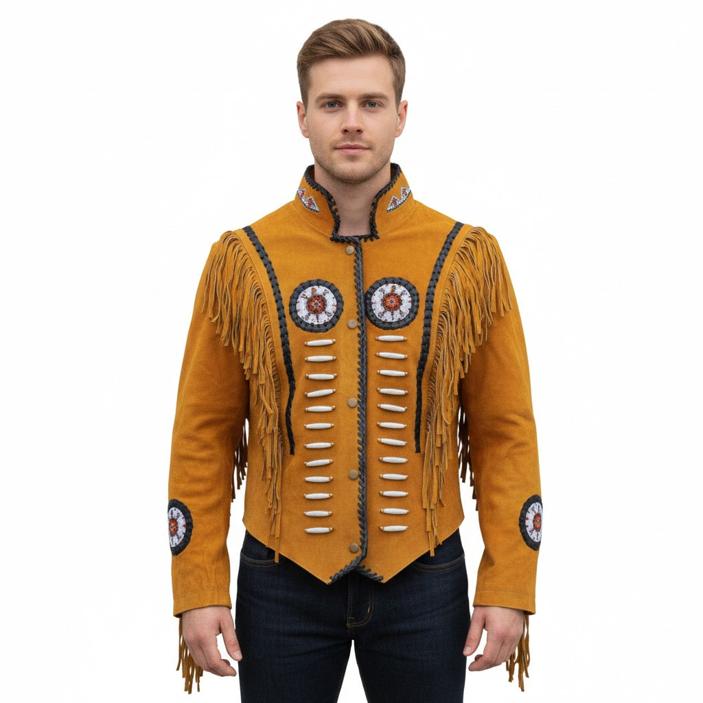 Man wearing a Brown yellow fringed jacket with decorative elements on a white background