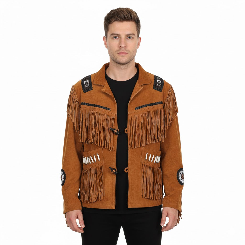 Man wearing a brown fringed jacket on a white background