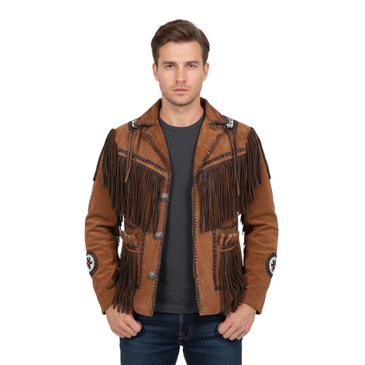 Man wearing a brown fringed jacket on a white background