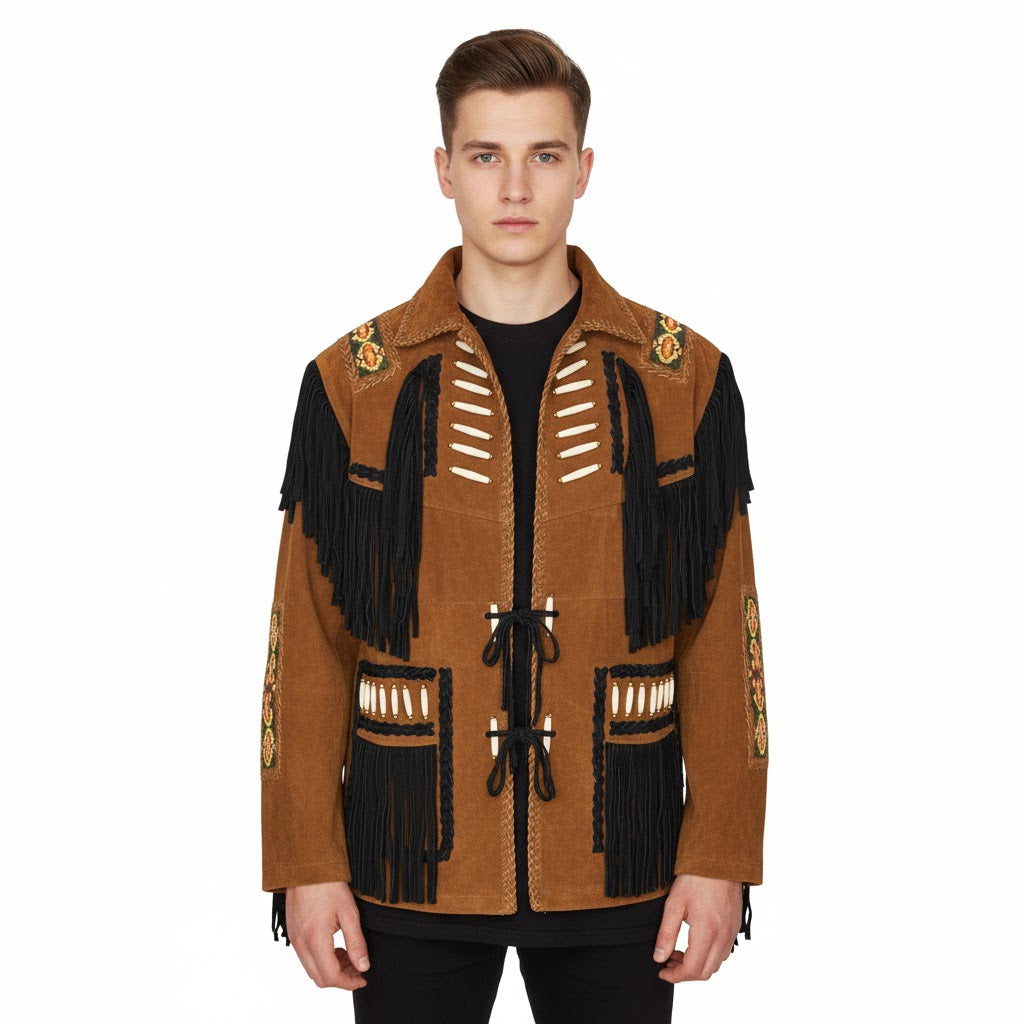 Man wearing a brown suede jacket with black fringe and embroidery on a white background