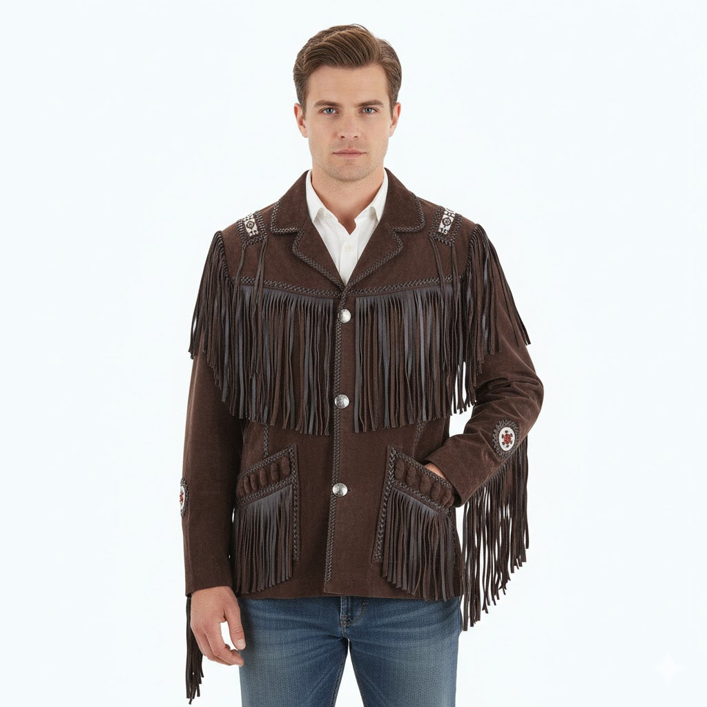 Man wearing a brown fringed jacket on a white background