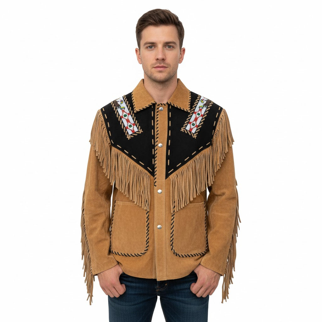 Man wearing a Brown western-style jacket with fringe details on a white background