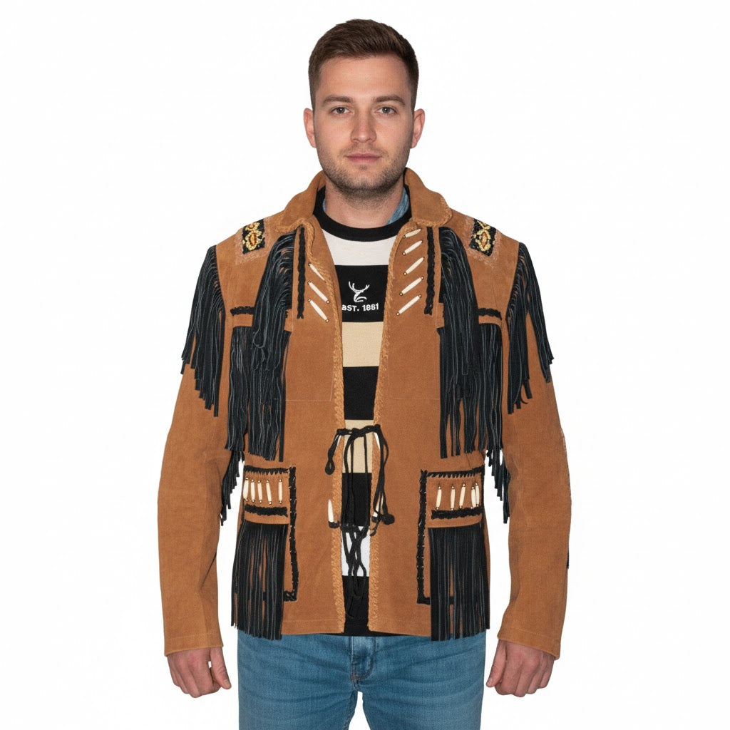 Man wearing a brown suede jacket with black fringe details on a white background