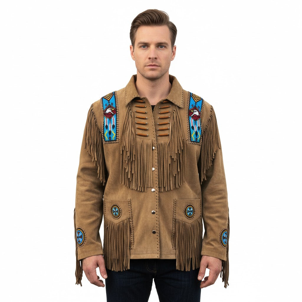 Man wearing a brown fringed jacket with decorative elements on a white background