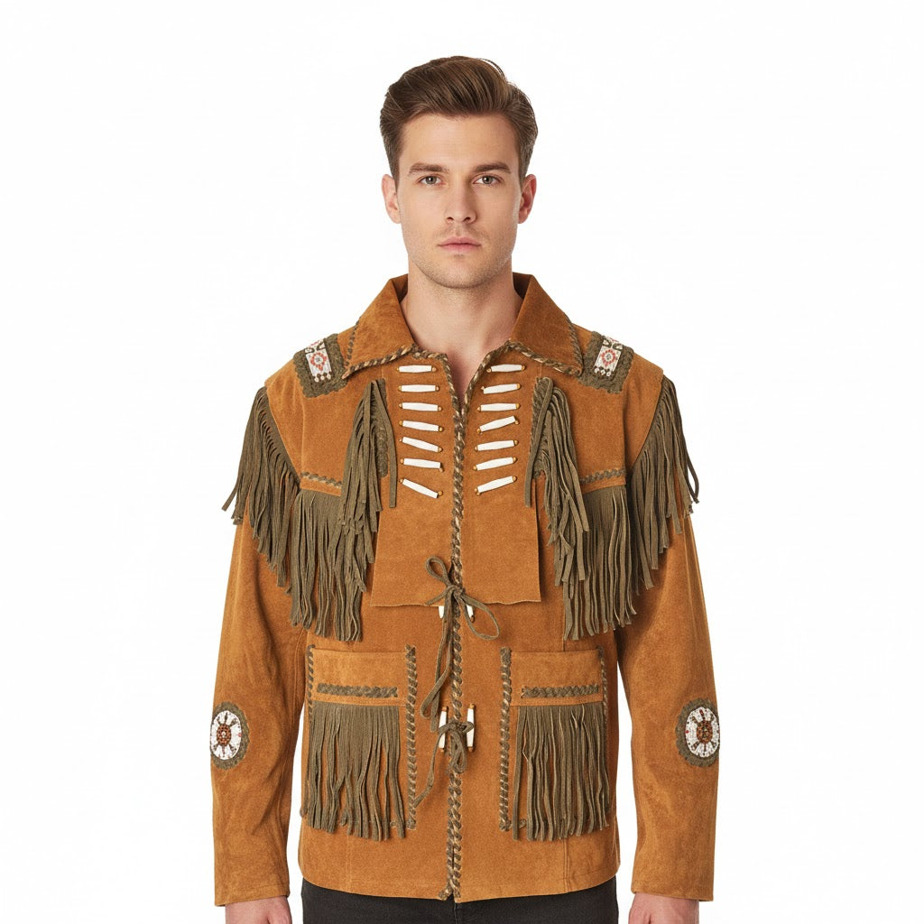 Man wearing a brown Native American-style jacket with fringes and patterns on a white background