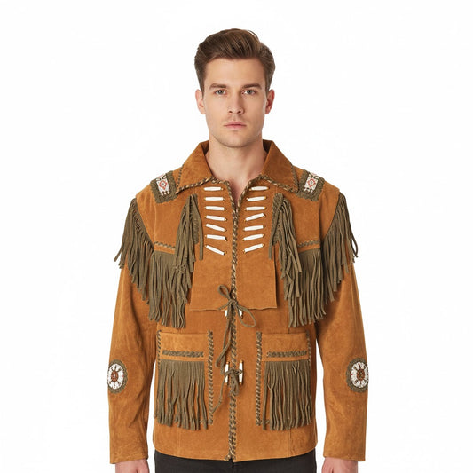 Man wearing a brown Native American-style jacket with fringes and patterns on a white background