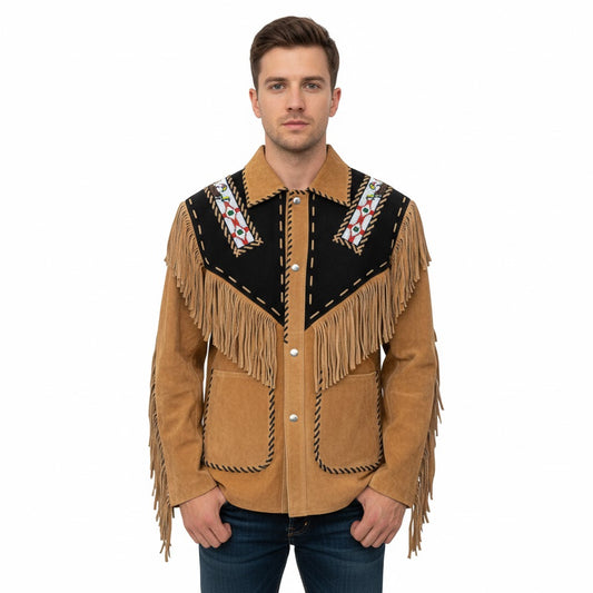 Man wearing a Brown western-style jacket with fringe details on a white background