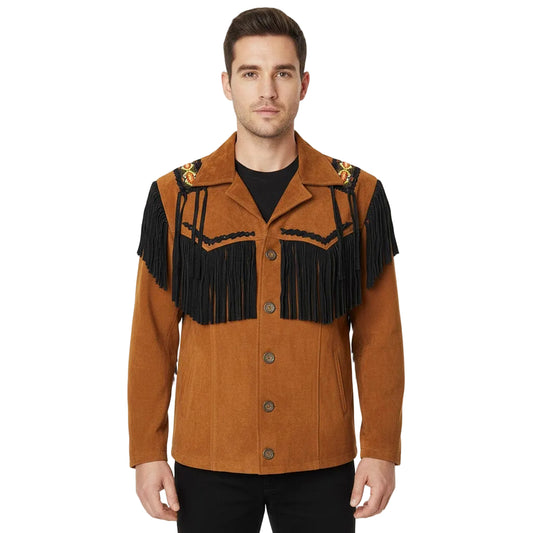 Man wearing a brown suede jacket with black fringe details on a white background